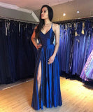 V-neck Spaghetti Straps Front Split Long A-line Simple Prom Dresses