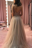 A-Line V-Neck Rhinestone Sleeveless Floor-Length Tulle Zipper-up Prom Dresses JS613