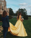 Beautiful Backless Long A-line Yellow Satin Prom Dresses For Teens Cute Dresses