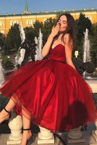 Simple Burgundy Tea Length Sweetheart A-line Prom Dresses Cute Party Dresses