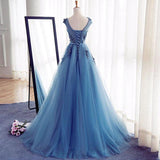 Charming Tulle Blue Lace up A-Line Appliques Long Sleeveless Scoop Prom Dresses uk Z123