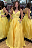 Elegant Yellow Spaghetti Straps A Line Satin V Neck Prom Dresses With Beads Pockets