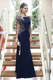 Mermaid Long Sleeves Navy Blue Scoop Prom Dresses Long Formal Dresses JS452