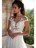 A-Line Top Lace Appliques Side Slit Chiffon Cap Sleeves Cheap Wedding Dress