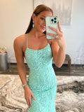 Appliques Lace Mint Green Backless Evening Dresses Mermaid Long Prom Dresses