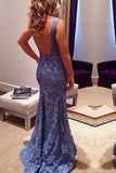 2024 New Style Custom Mermaid V-Neck Sleeveless Open Back Blue Lace Evening Dresses JS11