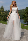 Sheath Scoop Neck Ivory Lace Tulle Detachable Ruffles Open Back Wedding Dresses JS738