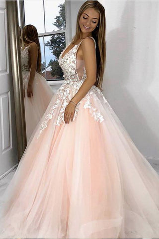 Princess V Neck Pink Long Tulle Lace Appliques Open Back Party Dress Prom Dresses JS66