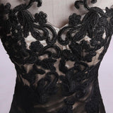 Mermaid Black Tulle Lace Appliques Long Sleeve V Back Scoop Cheap Prom Dresses JS176