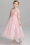 A Line Round Neck 3/4 Sleeves With Appliques Tea Length Flower Girl Dresses