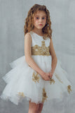 Satin Sleeveless With Beaded Appliques Round Neck Ball Gown Flower Girl Dresses