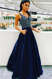 Royal Blue A-line Beading V Neck Satin Long Prom Dresses