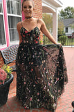 Spaghetti Straps A-Line Illusion Black Floral Lace Prom Dresses