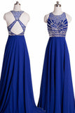 Elegant Scoop Neck Royal Blue Beaded Criss-cross Back Chiffon Prom Dresses