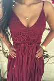 Sexy Burgundy V-neck Lace Spaghetti-straps Ruched Backless Prom Dresses