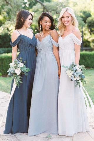 A Line Off The Shoulder V Neck Long Rustic Bridesmaid Dresses