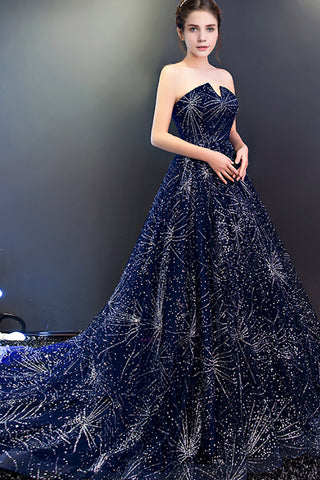 Sparkle Navy Blue A Line Court Train Curve Sleeveless Starry Night Long Prom Dresses