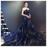 Sparkle Navy Blue A Line Court Train Curve Sleeveless Starry Night Long Prom Dresses