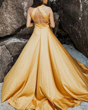 Criss Cross Satin Yellow Simple Modern Prom Dress