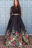 A line Two Piece Black Long Sleeve Prom Dress With Floral Print Skirt Evening Dresses JS672