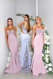 Mermaid Grey Spaghetti Straps Sweetheart Lace Satin Bridesmaid Dresses