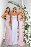 Mermaid Grey Spaghetti Straps Sweetheart Lace Satin Bridesmaid Dresses