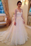 A-Line Lace Appliques V Neck Tulle Long Sleeve Ivory Covered Buttons Wedding Dresses