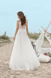 A-Line V-Neck Boho Sleeveless Tulle Lace Floor-Length Open Back Beach Wedding Dress JS577