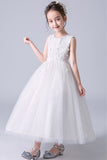 Elegant White Appliques Sleeveless Tulle Satin Ankle Length Flower Girl Dresses