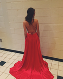 Casual Red Simple Spaghetti Straps Backless Sweep Train Backless Prom Dresses With Pockets