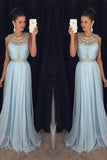 Light blue chiffon round neck sequins long formal dresses evening dress