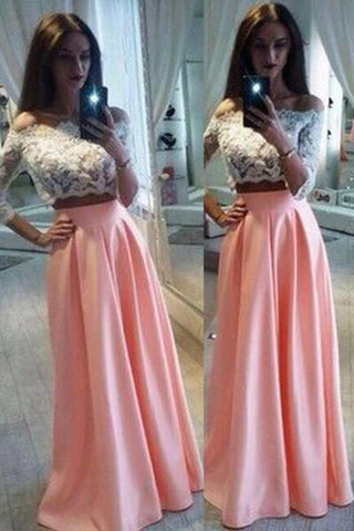 Pink chiffon two pieces lace long sleeves off-shoulder long prom dress