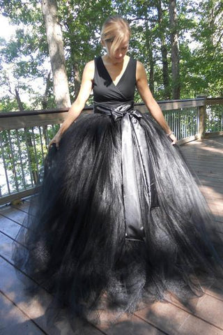 balck organza A-line V-neck bowknot ball gown dresses long prom dresses