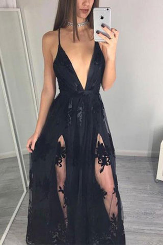 Sexy black tulle lace applique V-neck see-through evening dresses summer long dresses