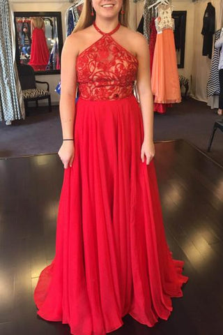 Red chiffon lace top halter A-line long evening dresses formal dresses for prom