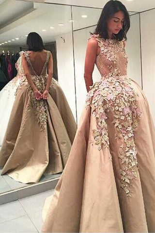 chiffon applique see through backless A line prom dresses