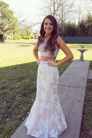 White lace two pieces mermaid beading long prom dress graduation dress