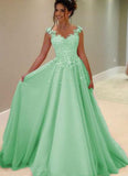 Green tulle lace round neck A-line long prom dresses with straps