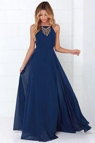 Dark blue chiffon round neck long prom dress evening dress