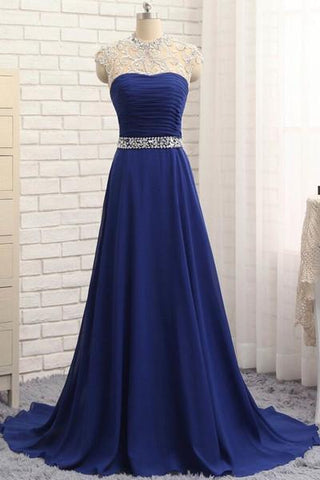 Blue chiffon beading rhinestone round neck open back long A-line prom dress