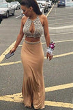 Champagne chiffon rhinestone two pieces sexy long prom dresses