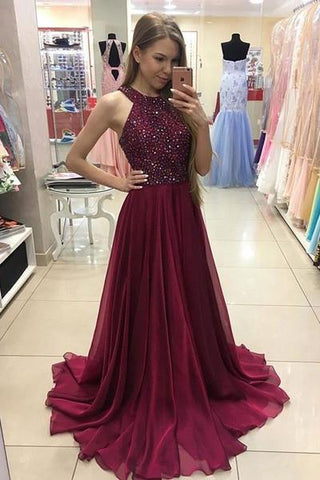 Wine chiffon sequins O neck long evening dresses