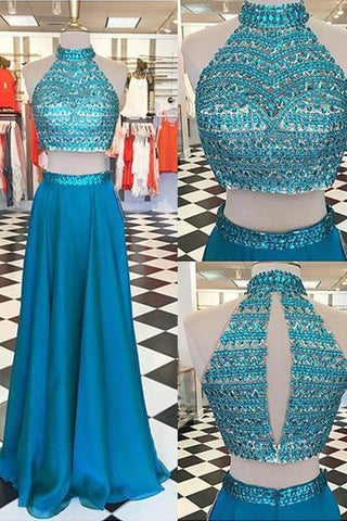 Blue chiffon beading two pieces long dress，sexy prom dress