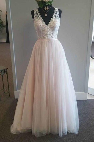 Pretty pink tulle lace v-neck A-line long dress prom dress for teens