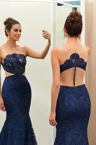 Unique blue lace mesh see-through mermaid floor-length evening dress