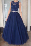 Royal blue tulle A-line lace round neck see-through long prom dresses formal dresses