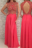 Coral chiffon high neck sequin long prom dress evening dress