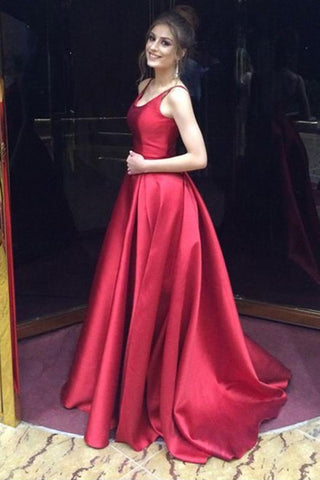 Red A-Line Long Simple Satin Open Back Sleeveless Evening Dress Prom Dresses UK JS507