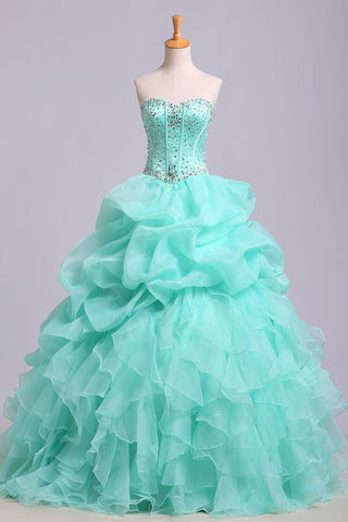 Ball Gown Sweetheart Organza Beads Lace up Ruffles Tiffany Blue Prom Quinceanera Dresses JS178