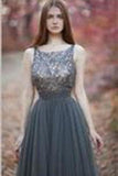 V-Back Tulle Gray Charming Popular Pretty Evening Long Prom Dresses Online PD0140